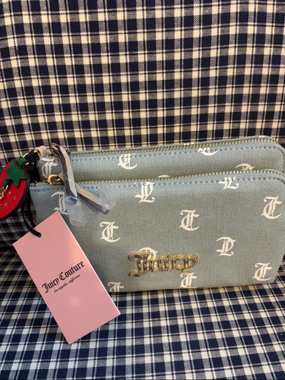 Juicy Couture Light Blue denim Monogram Double Zip Pouch with Strawberry Charm